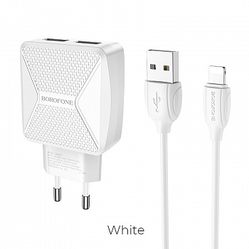 Зарядное устройство BOROFONE BA45A Max Lightning, 2.4A, белый, кабель BX19 Huiyi