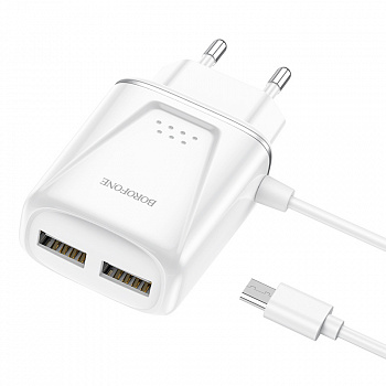 Зарядное устройство BOROFONE BA50A Beneficence micro USB, 2.1A, белый, два порта