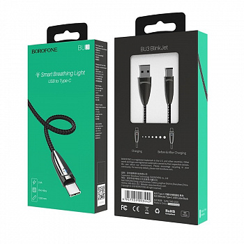 Кабель Borofone BU3 BlinkJet, USB - USB Type-C, 1.2 м, черный