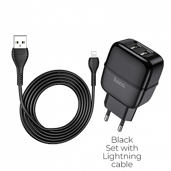 Зарядное устройство HOCO C77A Highway, 2.4A, черный, кабель Lightning