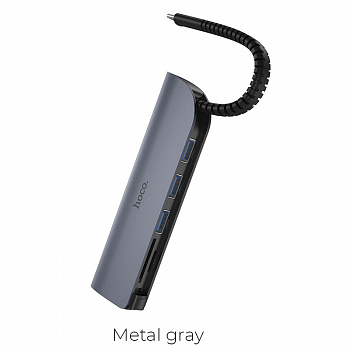 Переходник HOCO HB17 Easy , Разветвитель, Type-C - 3xUSB3.0 + SD/TF, 11 см, серый металлик