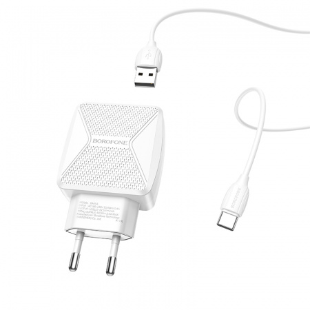 Зарядное устройство BOROFONE BA45A Max Type-C, 2.4A, белый, кабель BX19 Huiyi